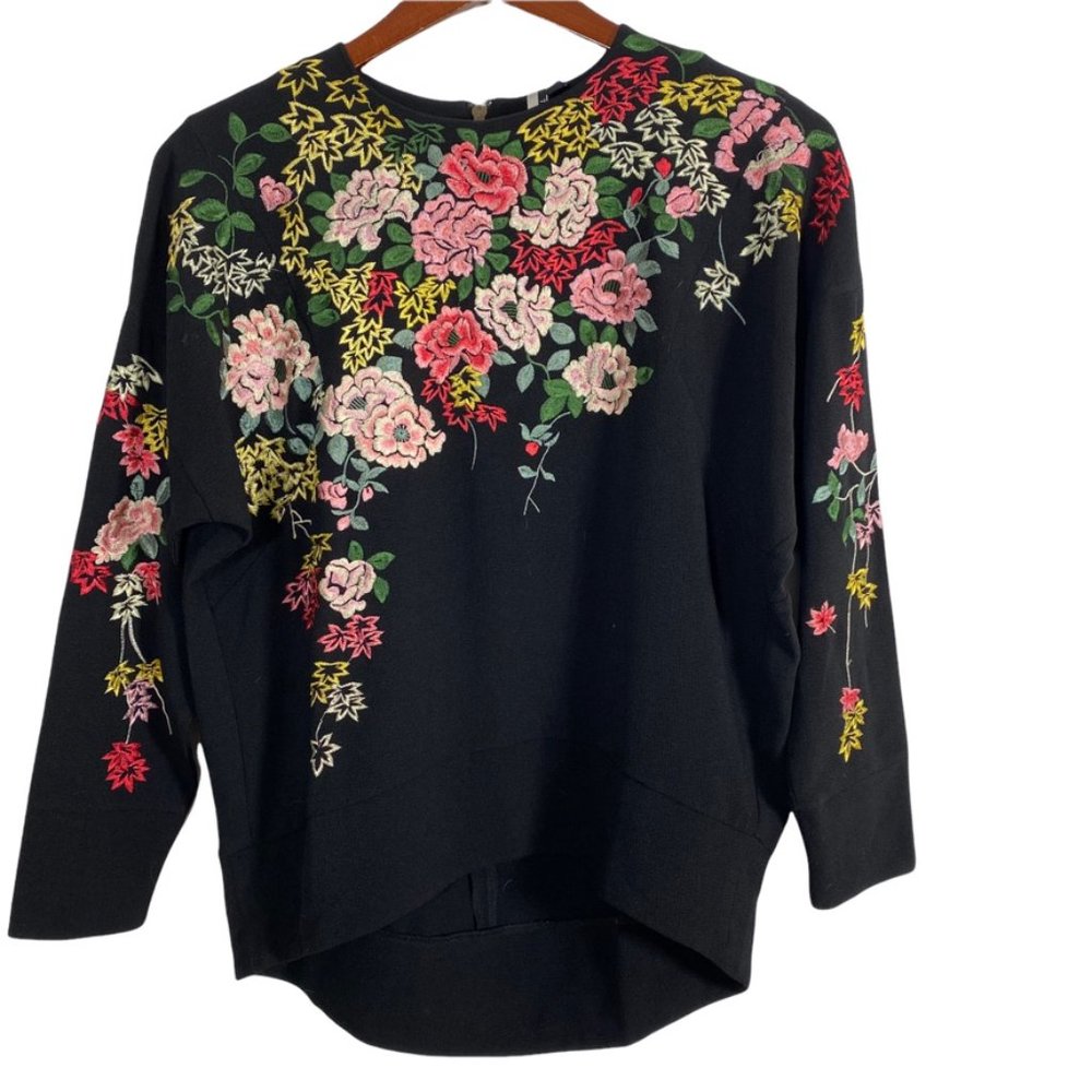 Topshop embroidered floral top size 4 black long sleeve